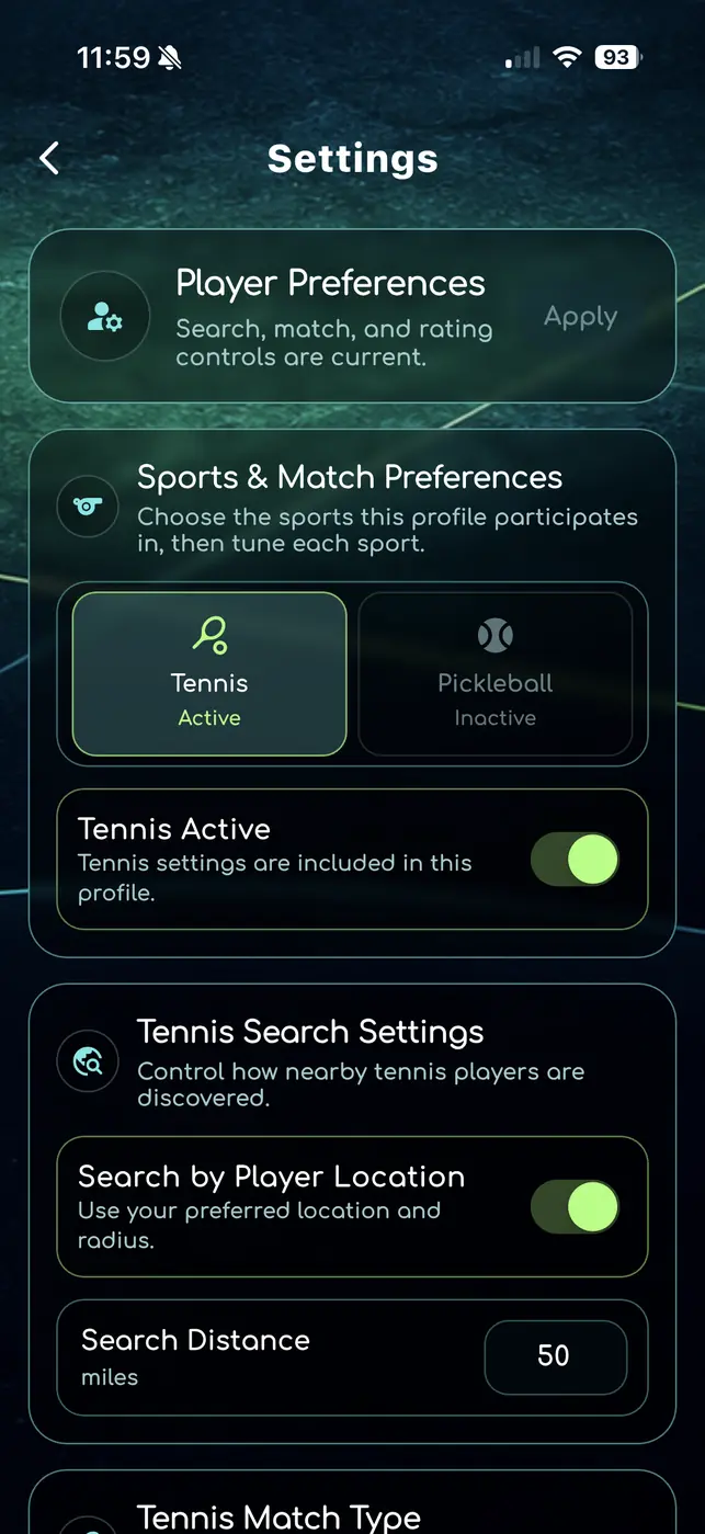 Settings screen