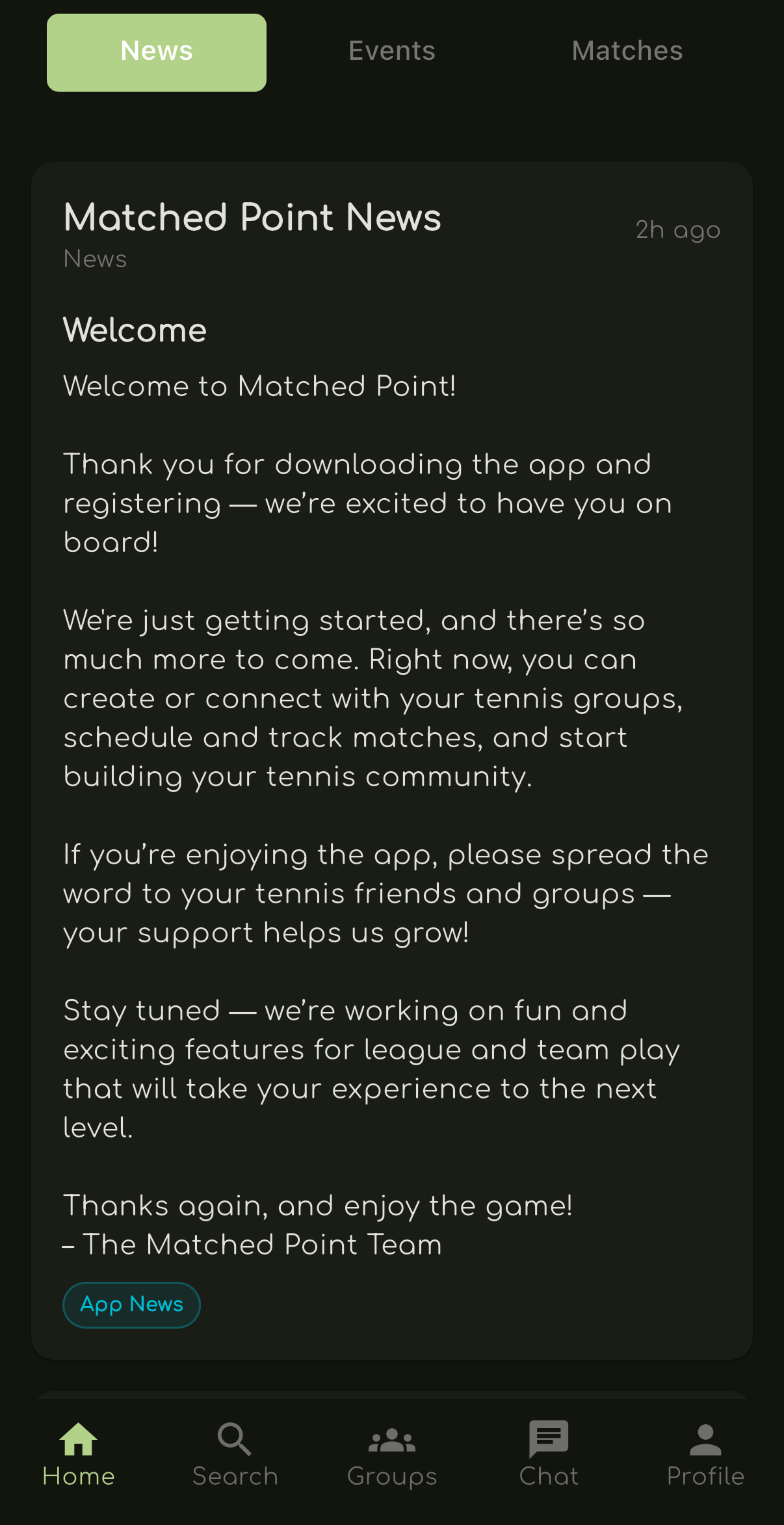 Matched Point App Home Screen